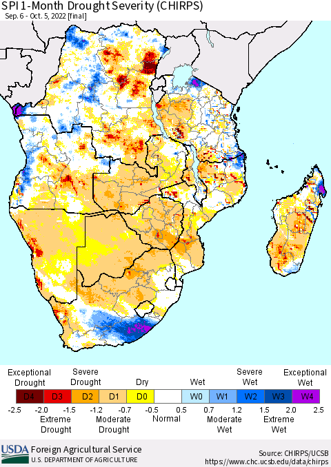 Southern Africa SPI 1-Month Drought Severity (CHIRPS) Thematic Map For 9/6/2022 - 10/5/2022