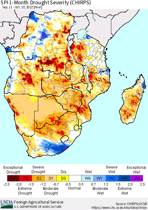 Southern Africa SPI 1-Month Drought Severity (CHIRPS) Thematic Map For 9/11/2022 - 10/10/2022