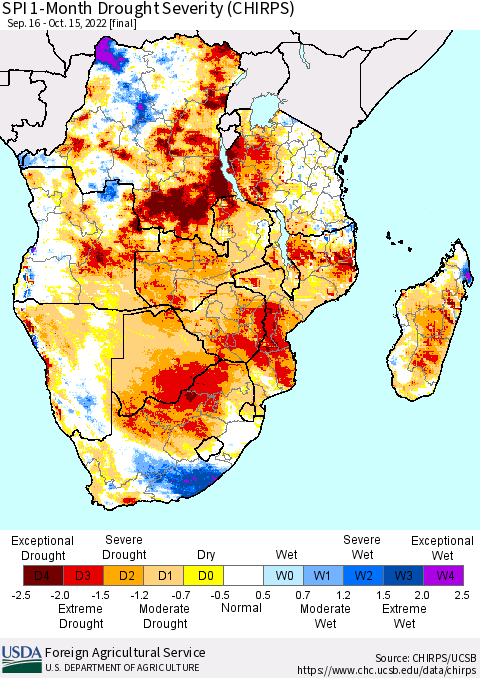 Southern Africa SPI 1-Month Drought Severity (CHIRPS) Thematic Map For 9/16/2022 - 10/15/2022