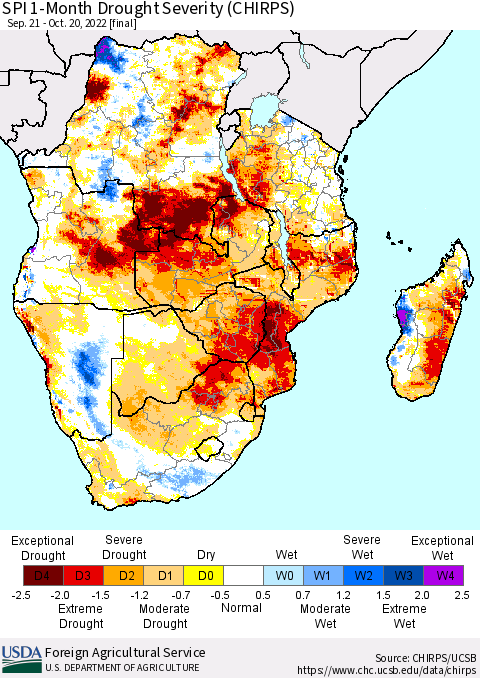 Southern Africa SPI 1-Month Drought Severity (CHIRPS) Thematic Map For 9/21/2022 - 10/20/2022