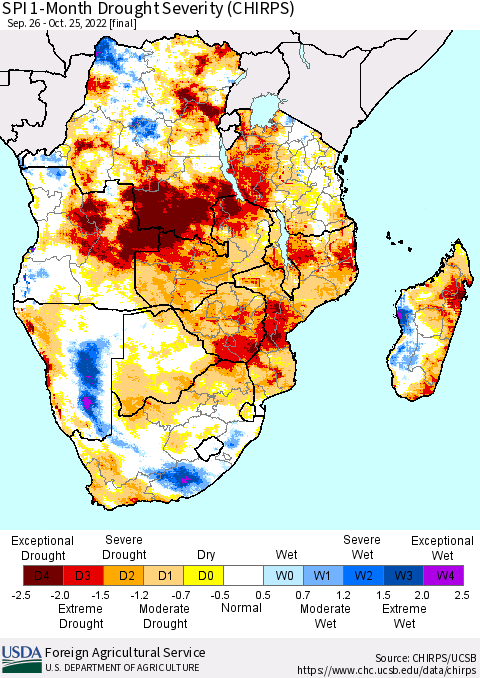 Southern Africa SPI 1-Month Drought Severity (CHIRPS) Thematic Map For 9/26/2022 - 10/25/2022