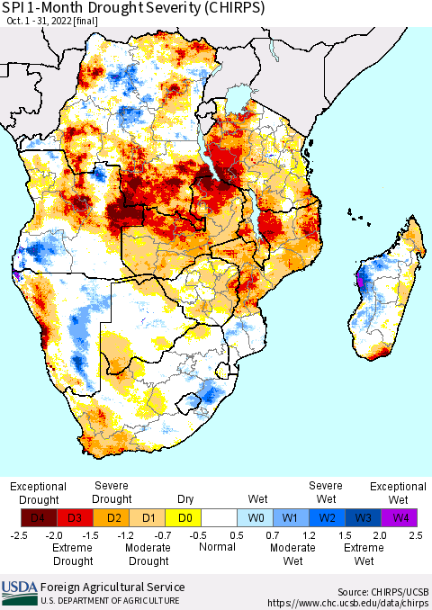 Southern Africa SPI 1-Month Drought Severity (CHIRPS) Thematic Map For 10/1/2022 - 10/31/2022