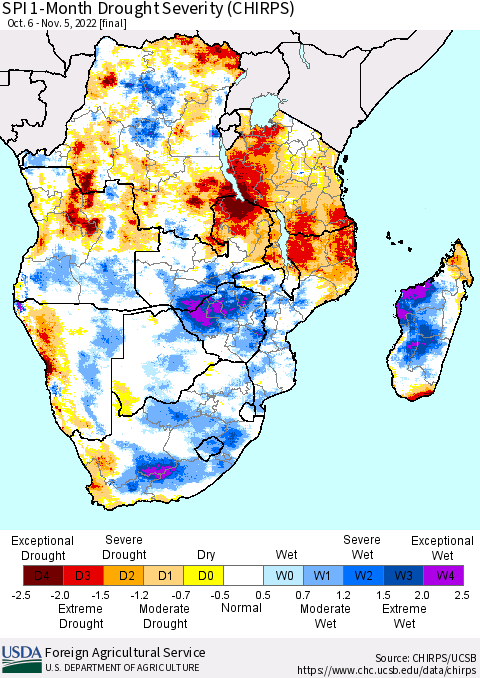 Southern Africa SPI 1-Month Drought Severity (CHIRPS) Thematic Map For 10/6/2022 - 11/5/2022
