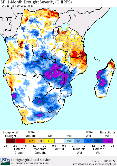 Southern Africa SPI 1-Month Drought Severity (CHIRPS) Thematic Map For 10/11/2022 - 11/10/2022