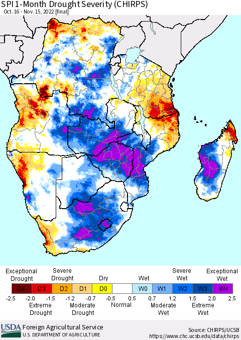 Southern Africa SPI 1-Month Drought Severity (CHIRPS) Thematic Map For 10/16/2022 - 11/15/2022