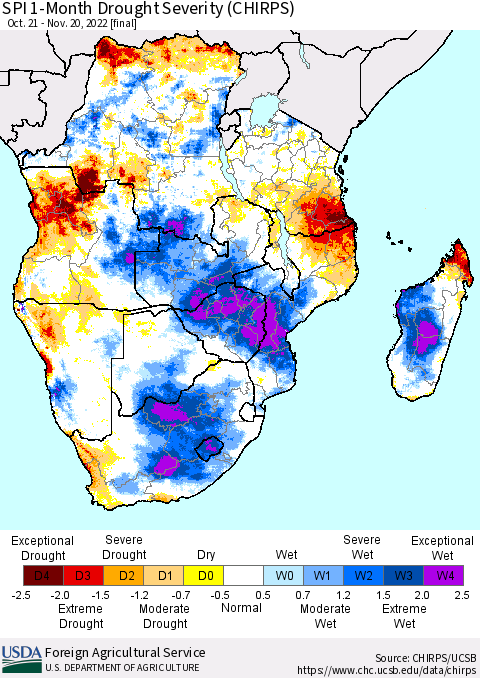 Southern Africa SPI 1-Month Drought Severity (CHIRPS) Thematic Map For 10/21/2022 - 11/20/2022