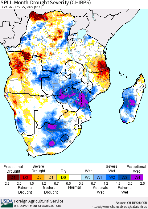 Southern Africa SPI 1-Month Drought Severity (CHIRPS) Thematic Map For 10/26/2022 - 11/25/2022