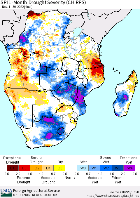 Southern Africa SPI 1-Month Drought Severity (CHIRPS) Thematic Map For 11/1/2022 - 11/30/2022