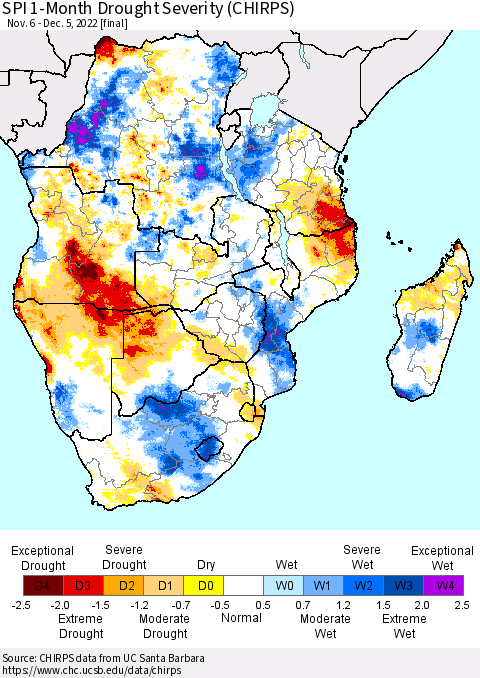 Southern Africa SPI 1-Month Drought Severity (CHIRPS) Thematic Map For 11/6/2022 - 12/5/2022
