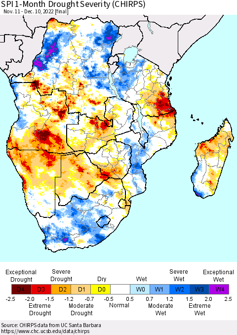 Southern Africa SPI 1-Month Drought Severity (CHIRPS) Thematic Map For 11/11/2022 - 12/10/2022