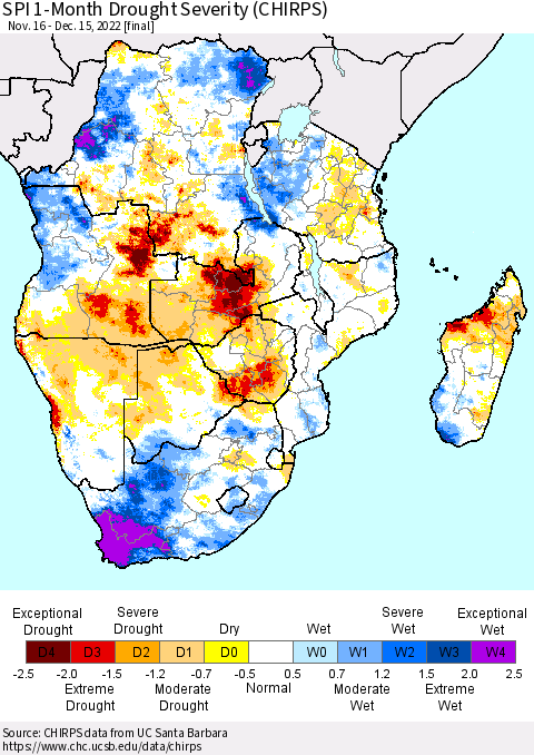 Southern Africa SPI 1-Month Drought Severity (CHIRPS) Thematic Map For 11/16/2022 - 12/15/2022