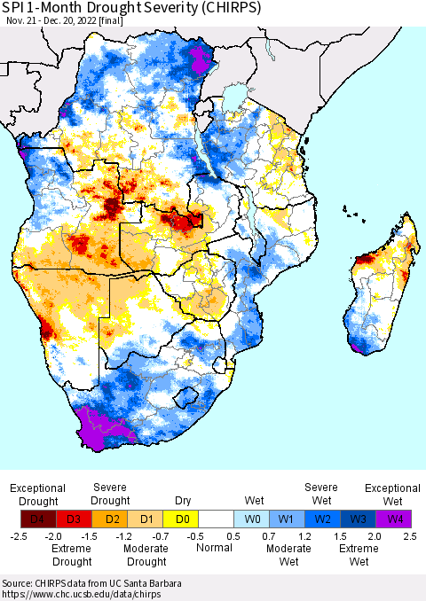 Southern Africa SPI 1-Month Drought Severity (CHIRPS) Thematic Map For 11/21/2022 - 12/20/2022