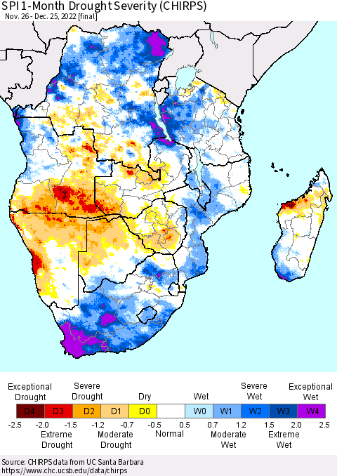 Southern Africa SPI 1-Month Drought Severity (CHIRPS) Thematic Map For 11/26/2022 - 12/25/2022