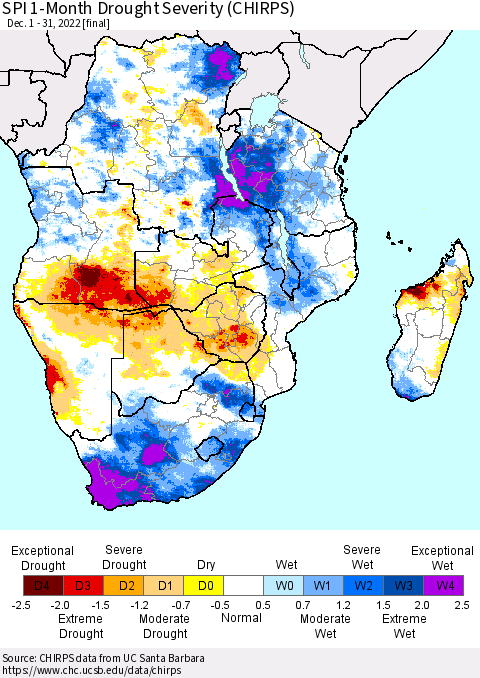 Southern Africa SPI 1-Month Drought Severity (CHIRPS) Thematic Map For 12/1/2022 - 12/31/2022