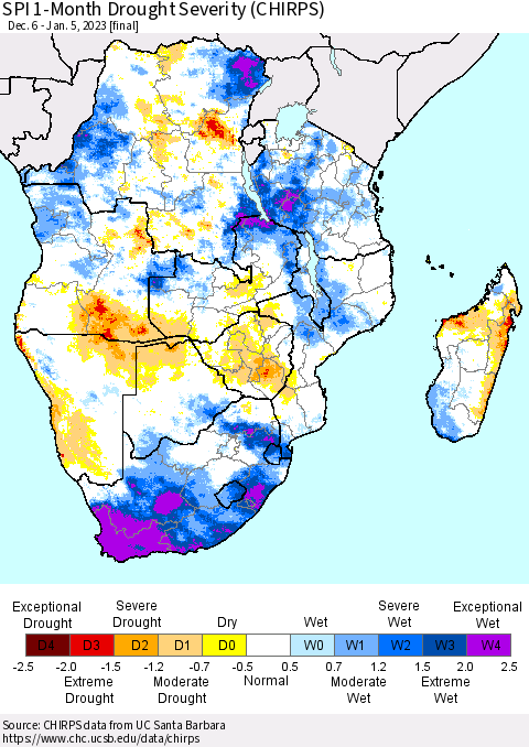 Southern Africa SPI 1-Month Drought Severity (CHIRPS) Thematic Map For 12/6/2022 - 1/5/2023