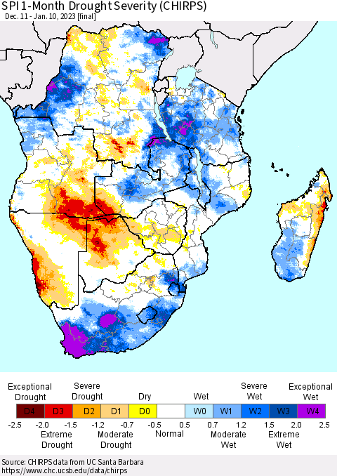 Southern Africa SPI 1-Month Drought Severity (CHIRPS) Thematic Map For 12/11/2022 - 1/10/2023