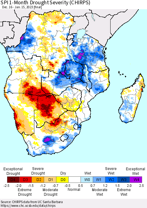 Southern Africa SPI 1-Month Drought Severity (CHIRPS) Thematic Map For 12/16/2022 - 1/15/2023
