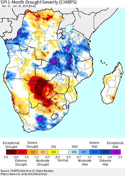 Southern Africa SPI 1-Month Drought Severity (CHIRPS) Thematic Map For 12/21/2022 - 1/20/2023