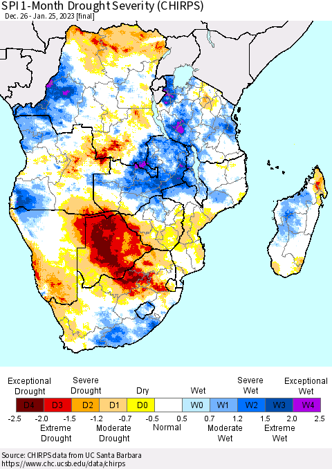 Southern Africa SPI 1-Month Drought Severity (CHIRPS) Thematic Map For 12/26/2022 - 1/25/2023
