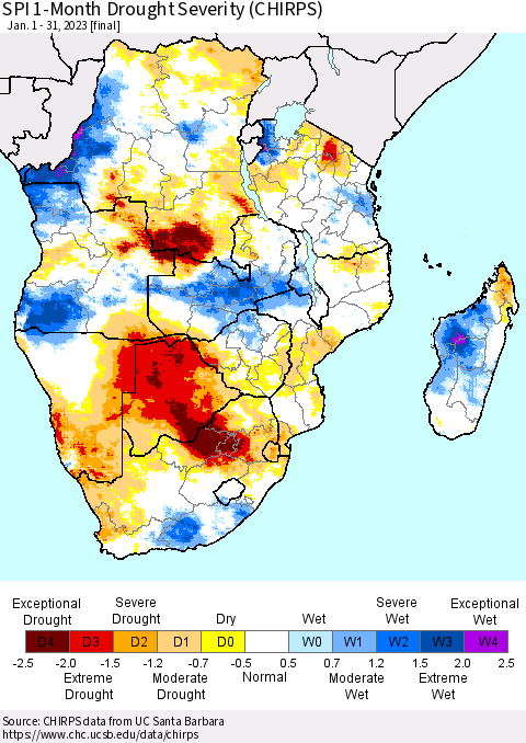 Southern Africa SPI 1-Month Drought Severity (CHIRPS) Thematic Map For 1/1/2023 - 1/31/2023