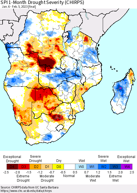Southern Africa SPI 1-Month Drought Severity (CHIRPS) Thematic Map For 1/6/2023 - 2/5/2023