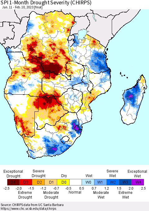 Southern Africa SPI 1-Month Drought Severity (CHIRPS) Thematic Map For 1/11/2023 - 2/10/2023