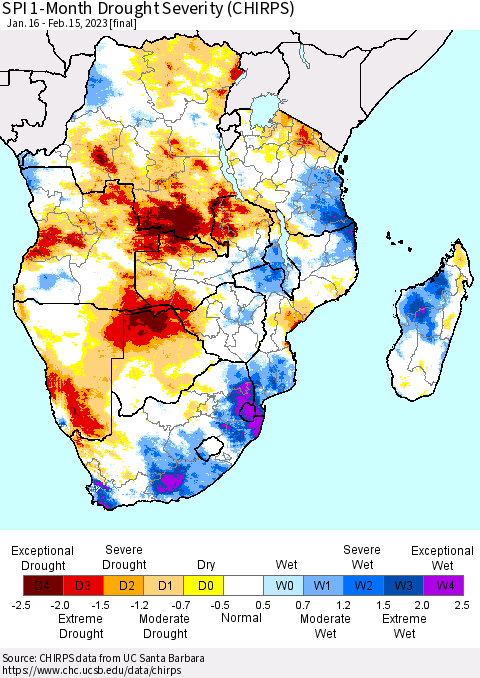 Southern Africa SPI 1-Month Drought Severity (CHIRPS) Thematic Map For 1/16/2023 - 2/15/2023