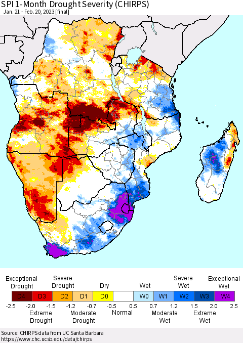 Southern Africa SPI 1-Month Drought Severity (CHIRPS) Thematic Map For 1/21/2023 - 2/20/2023