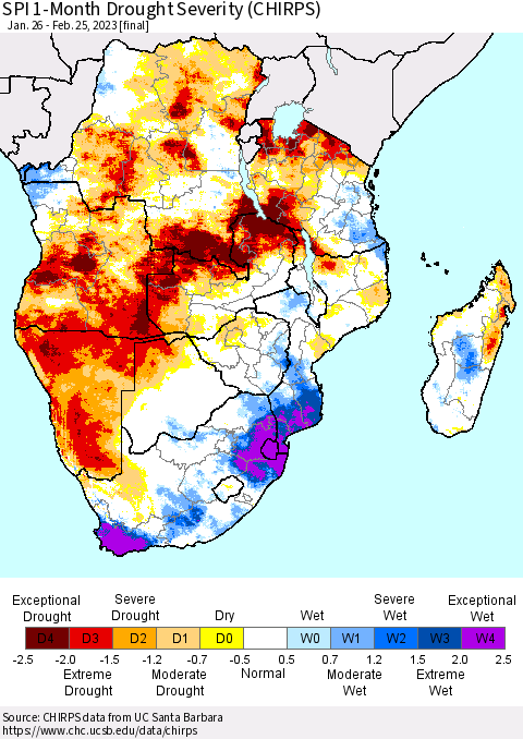 Southern Africa SPI 1-Month Drought Severity (CHIRPS) Thematic Map For 1/26/2023 - 2/25/2023