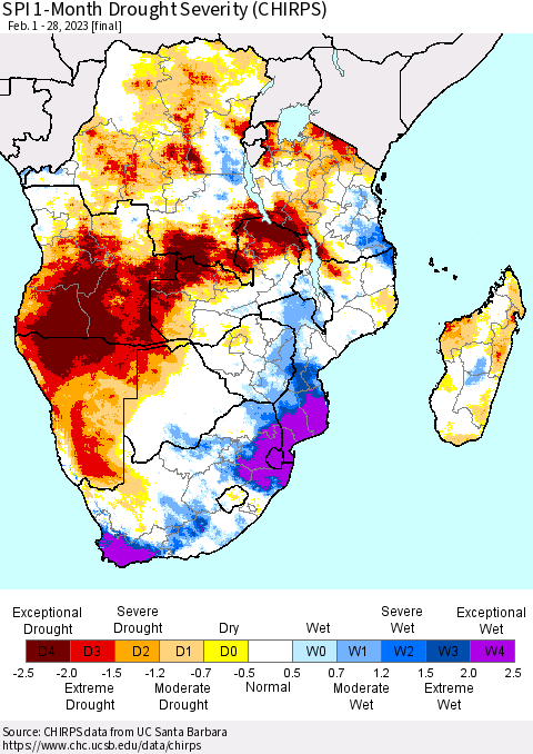 Southern Africa SPI 1-Month Drought Severity (CHIRPS) Thematic Map For 2/1/2023 - 2/28/2023