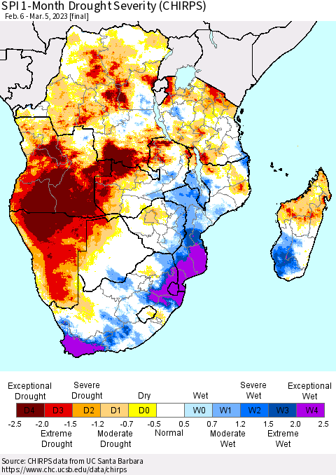 Southern Africa SPI 1-Month Drought Severity (CHIRPS) Thematic Map For 2/6/2023 - 3/5/2023