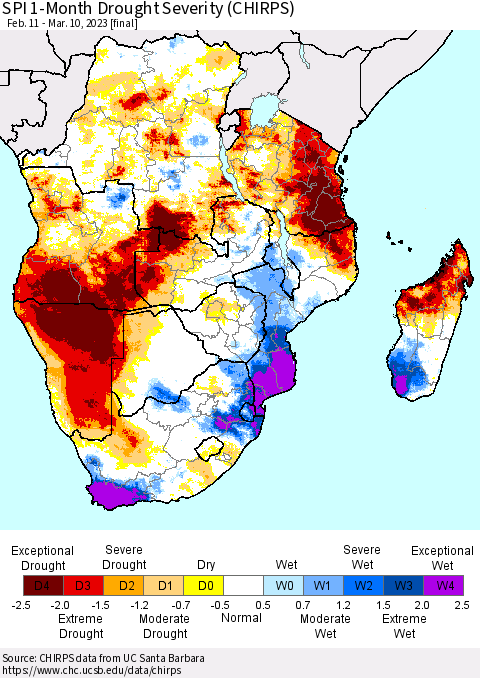 Southern Africa SPI 1-Month Drought Severity (CHIRPS) Thematic Map For 2/11/2023 - 3/10/2023
