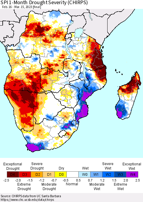 Southern Africa SPI 1-Month Drought Severity (CHIRPS) Thematic Map For 2/16/2023 - 3/15/2023