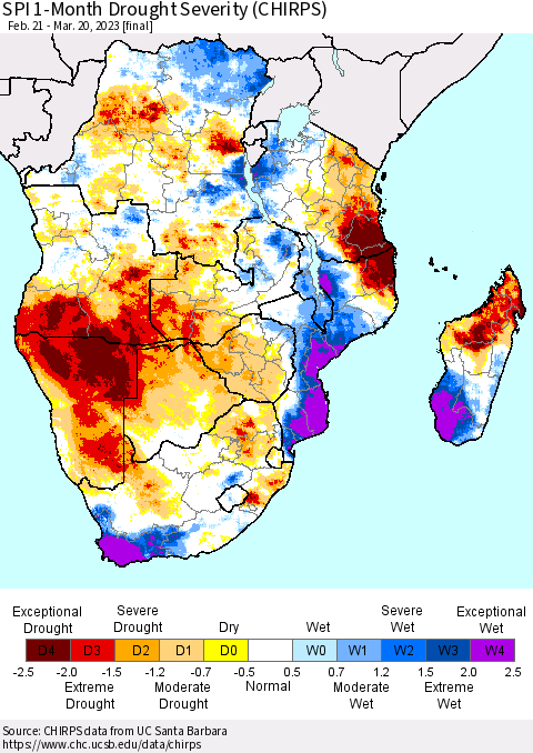 Southern Africa SPI 1-Month Drought Severity (CHIRPS) Thematic Map For 2/21/2023 - 3/20/2023