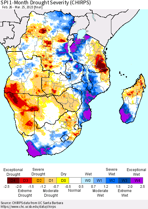 Southern Africa SPI 1-Month Drought Severity (CHIRPS) Thematic Map For 2/26/2023 - 3/25/2023