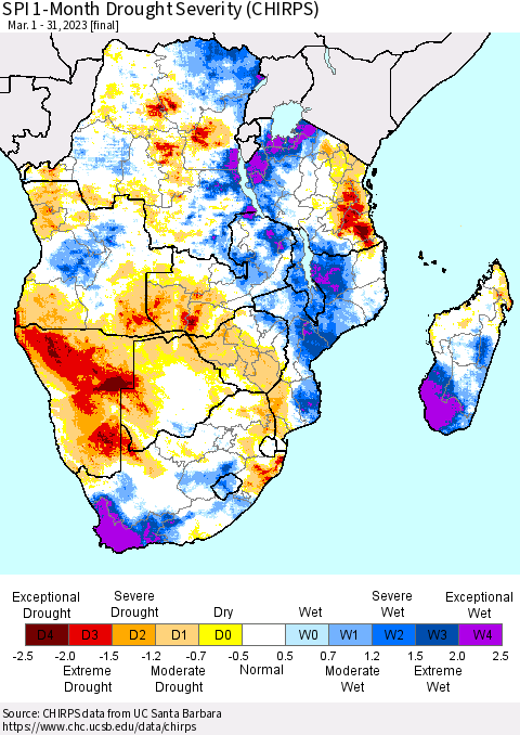 Southern Africa SPI 1-Month Drought Severity (CHIRPS) Thematic Map For 3/1/2023 - 3/31/2023