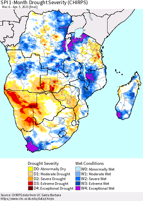 Southern Africa SPI 1-Month Drought Severity (CHIRPS) Thematic Map For 3/6/2023 - 4/5/2023