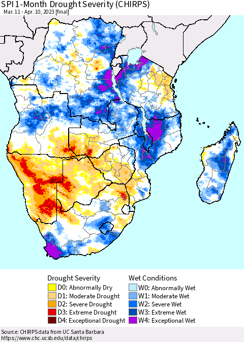 Southern Africa SPI 1-Month Drought Severity (CHIRPS) Thematic Map For 3/11/2023 - 4/10/2023
