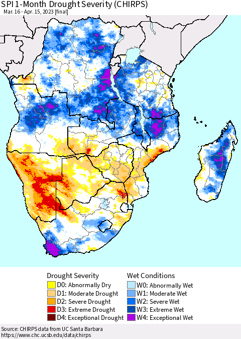 Southern Africa SPI 1-Month Drought Severity (CHIRPS) Thematic Map For 3/16/2023 - 4/15/2023