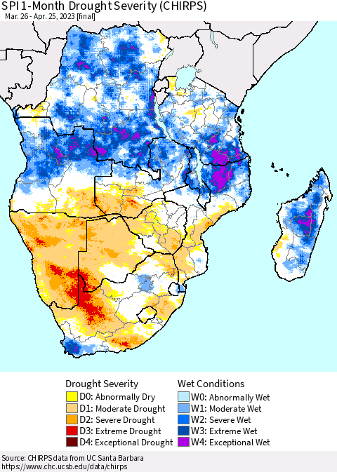 Southern Africa SPI 1-Month Drought Severity (CHIRPS) Thematic Map For 3/26/2023 - 4/25/2023