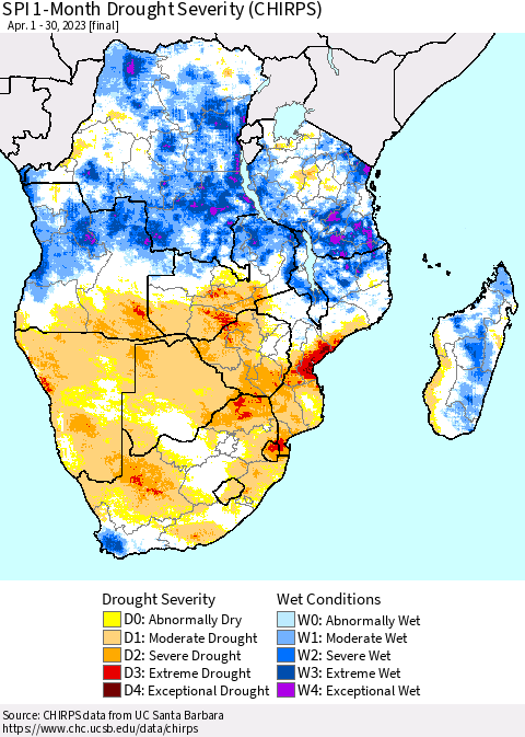Southern Africa SPI 1-Month Drought Severity (CHIRPS) Thematic Map For 4/1/2023 - 4/30/2023