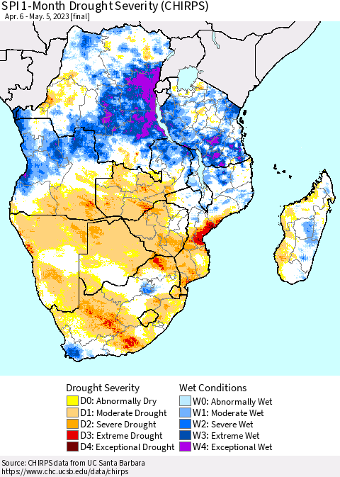 Southern Africa SPI 1-Month Drought Severity (CHIRPS) Thematic Map For 4/6/2023 - 5/5/2023