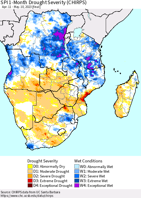 Southern Africa SPI 1-Month Drought Severity (CHIRPS) Thematic Map For 4/11/2023 - 5/10/2023
