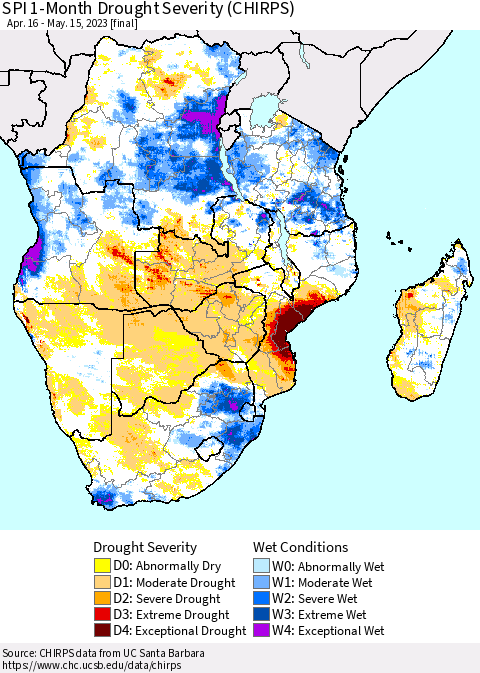 Southern Africa SPI 1-Month Drought Severity (CHIRPS) Thematic Map For 4/16/2023 - 5/15/2023