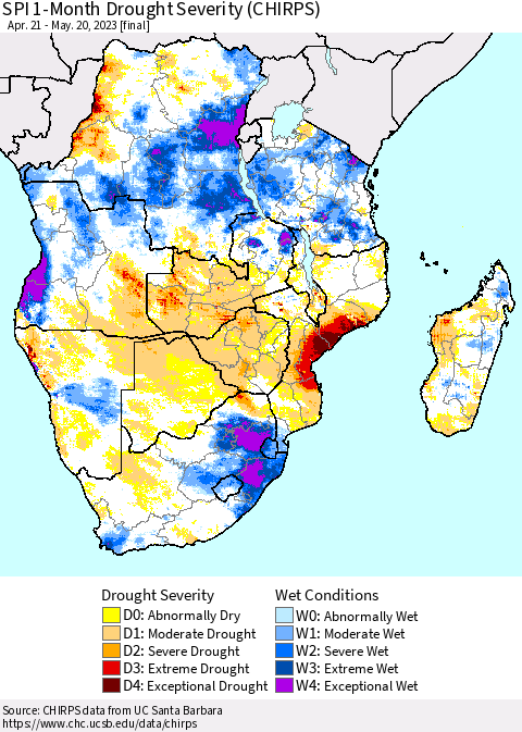 Southern Africa SPI 1-Month Drought Severity (CHIRPS) Thematic Map For 4/21/2023 - 5/20/2023