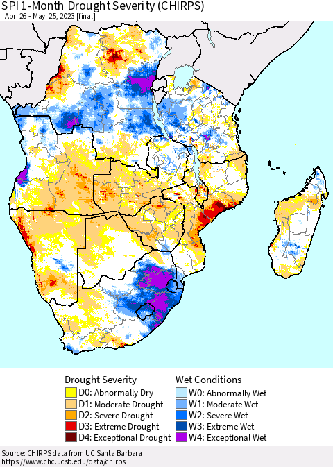Southern Africa SPI 1-Month Drought Severity (CHIRPS) Thematic Map For 4/26/2023 - 5/25/2023