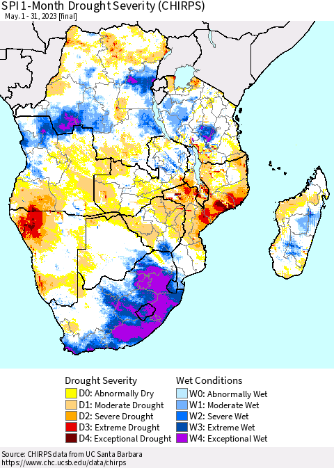 Southern Africa SPI 1-Month Drought Severity (CHIRPS) Thematic Map For 5/1/2023 - 5/31/2023
