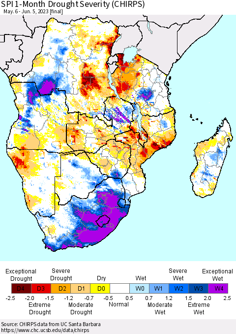 Southern Africa SPI 1-Month Drought Severity (CHIRPS) Thematic Map For 5/6/2023 - 6/5/2023
