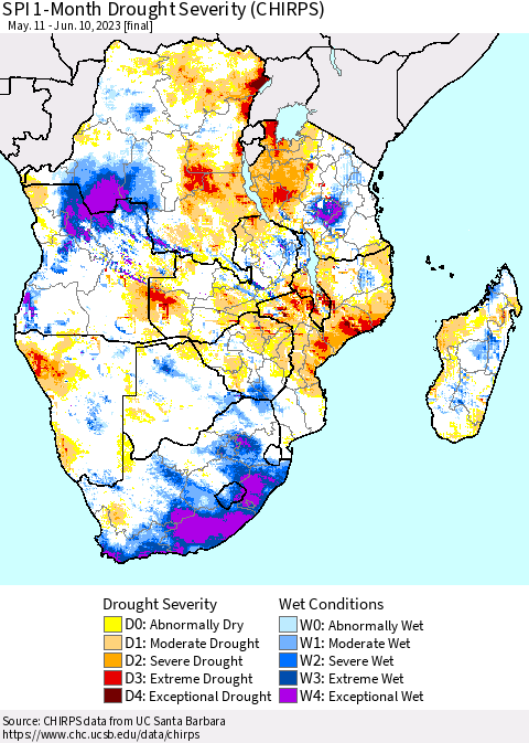 Southern Africa SPI 1-Month Drought Severity (CHIRPS) Thematic Map For 5/11/2023 - 6/10/2023