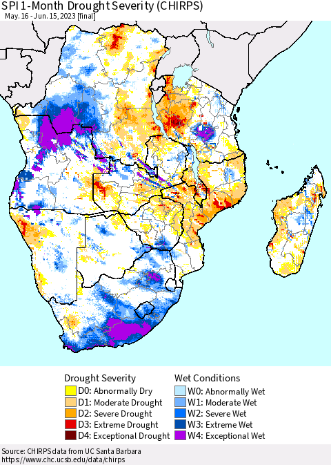 Southern Africa SPI 1-Month Drought Severity (CHIRPS) Thematic Map For 5/16/2023 - 6/15/2023